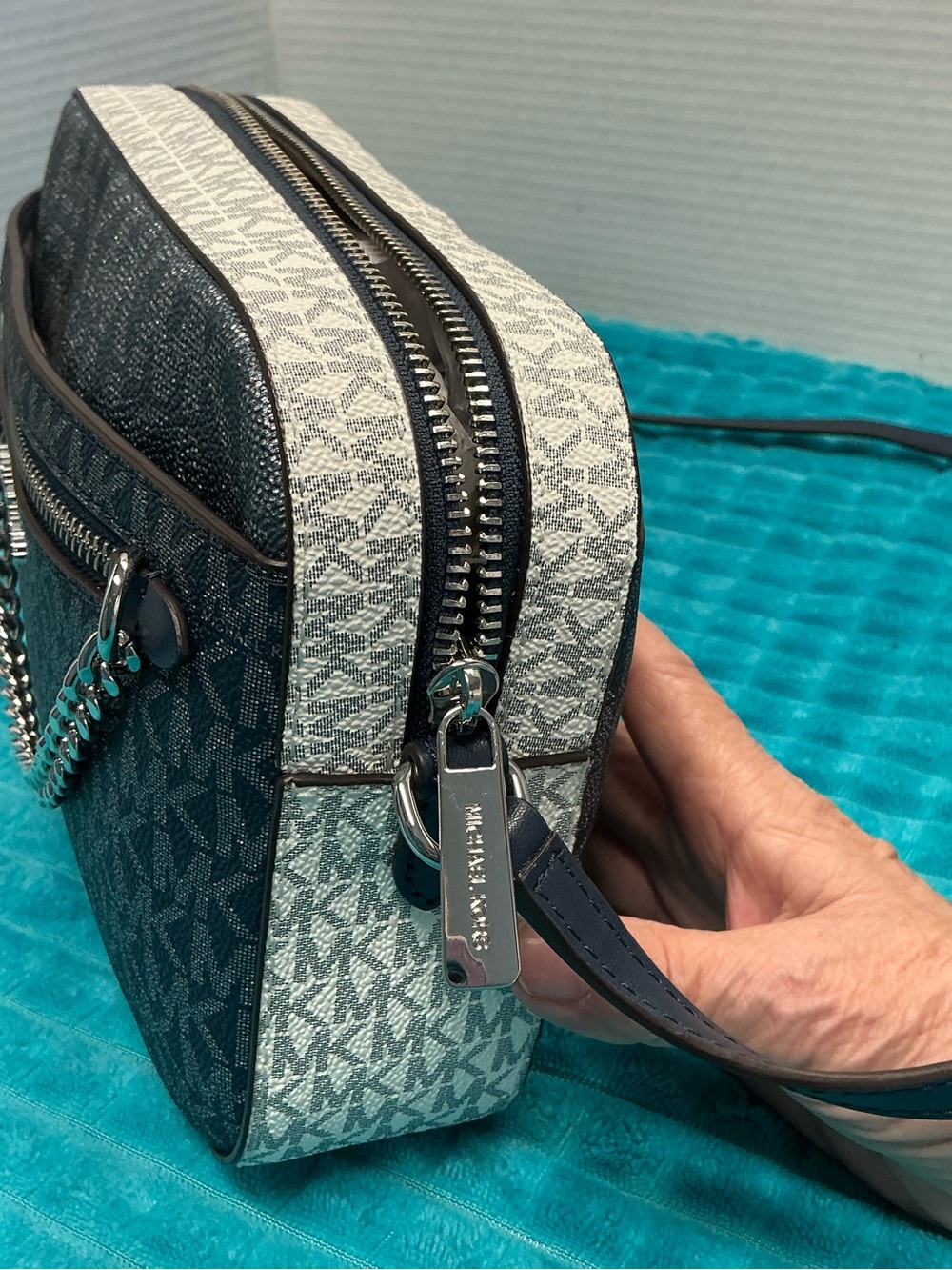 NEW Michael Kors MK Monogram Crossbody in Navy and White